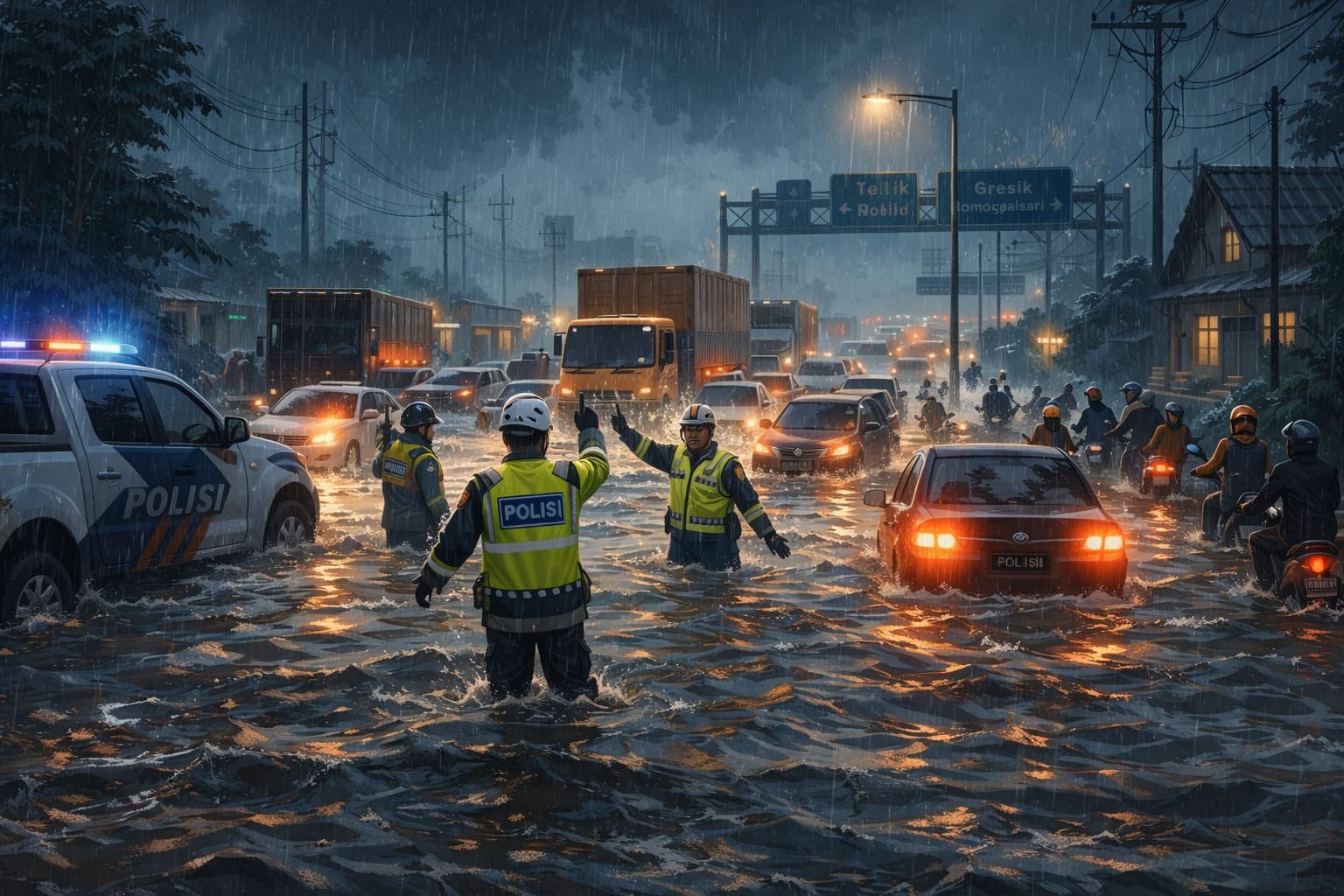 Banjir.Rob Lumpuhkan Jalur Surabaya–Gresik, Tambak Osowilangun Macet Parah.