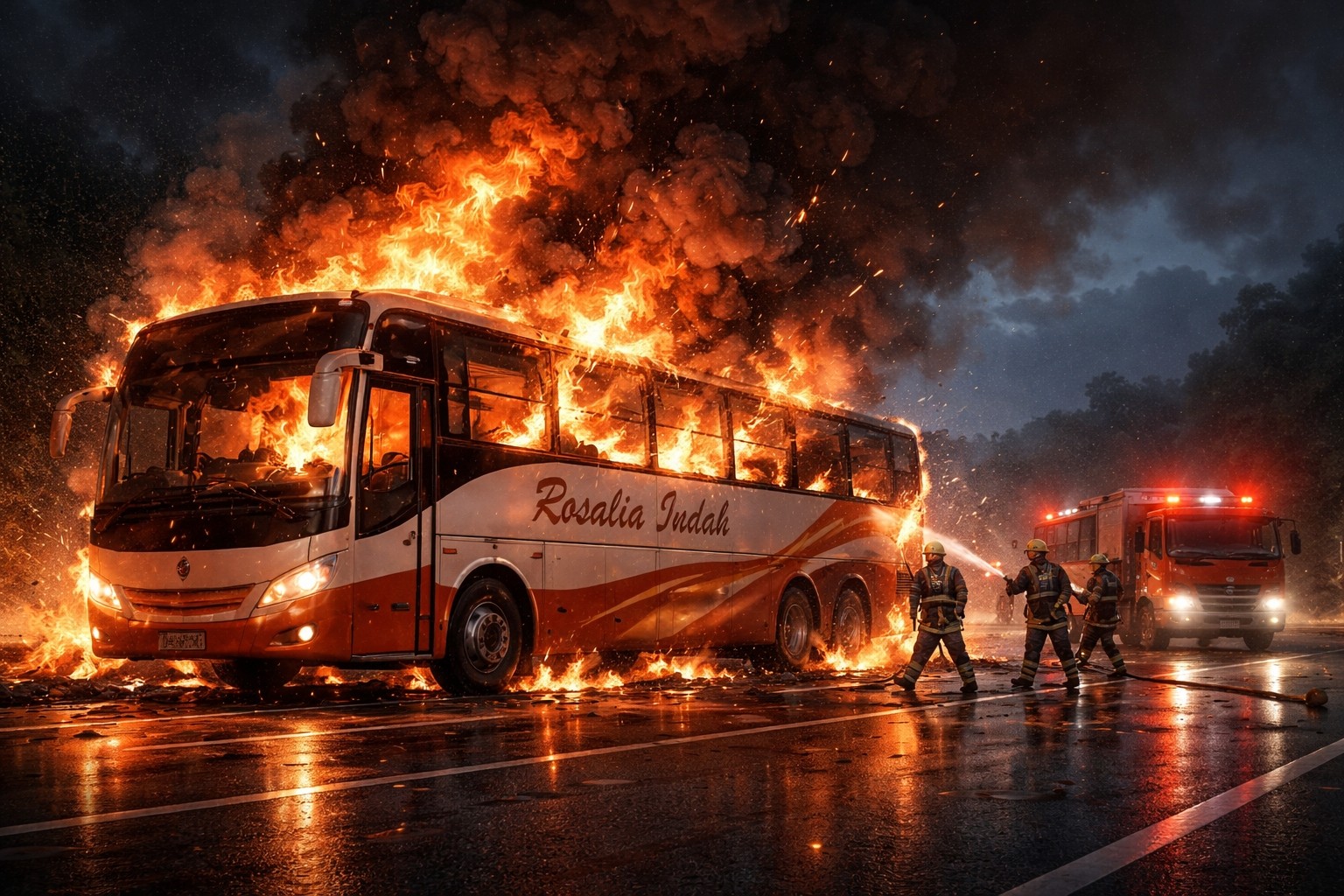 Bus Rosalia Indah Terbakar di Tol Solo–Ngawi KM 544, Penumpang Berhasil Selamat