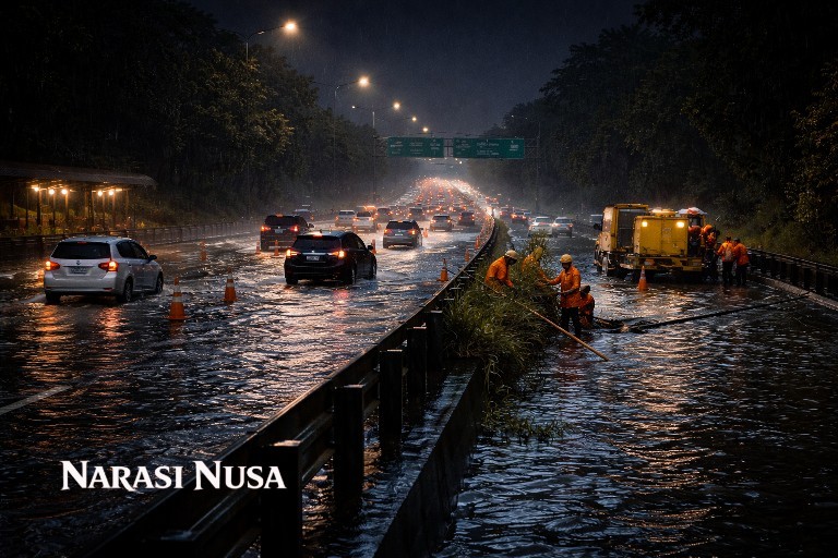 Banjir Tol Jagorawi Genangan 30 Cm Lumpuhkan Lajur, Rest Area KM 10 Arah Bogor Ditutup