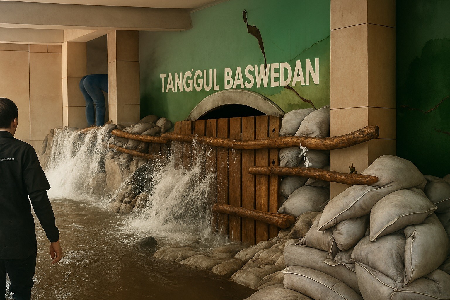 Tanggul Baswedan Jebol di Jati Padang Ditambal Sementara Pakai Karung Pasir dan Kayu