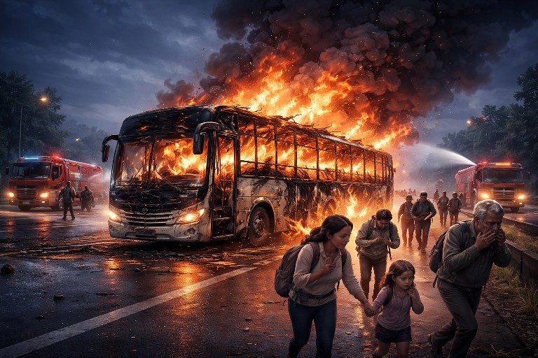 Bus PO Haryanto Terbakar di Tol Pemalang–Batang, 32 Penumpang Selamat Usai Evakuasi Cepat