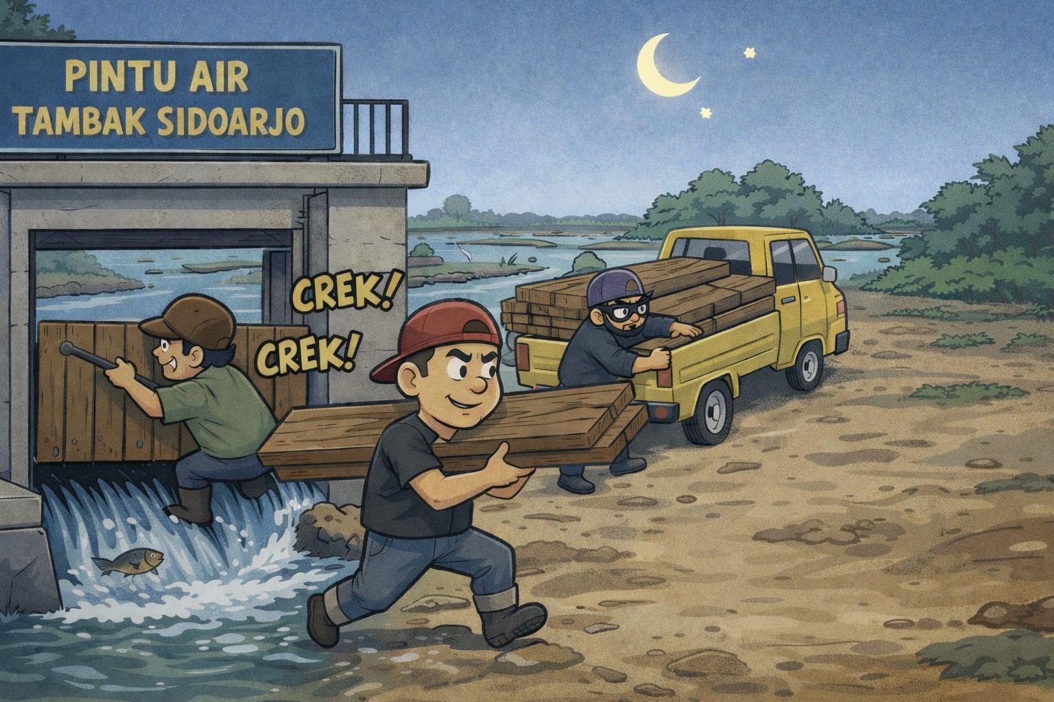 Maraknya Pencurian Kayu Pintu Air, Warga Tambak Sidoarjo Hidup dalam Kecemasan